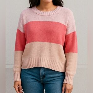 American Eagle Colorblock Knit Sweater XL Pink Beige Cozy Cotton Blend